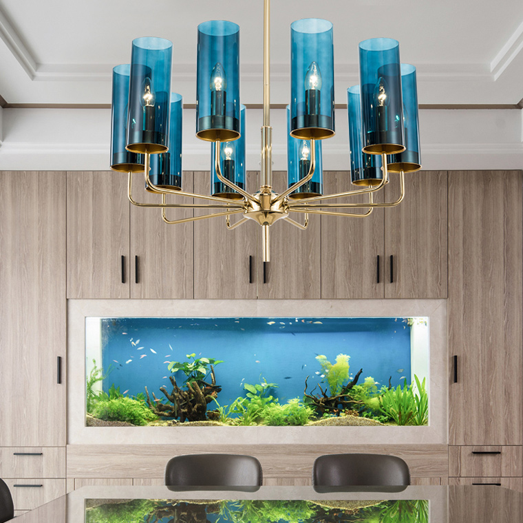 Люстра Agne Brass &amp; Blue Glass Tube Chandelier in 1970 12 Синий by ImperiumLoft
