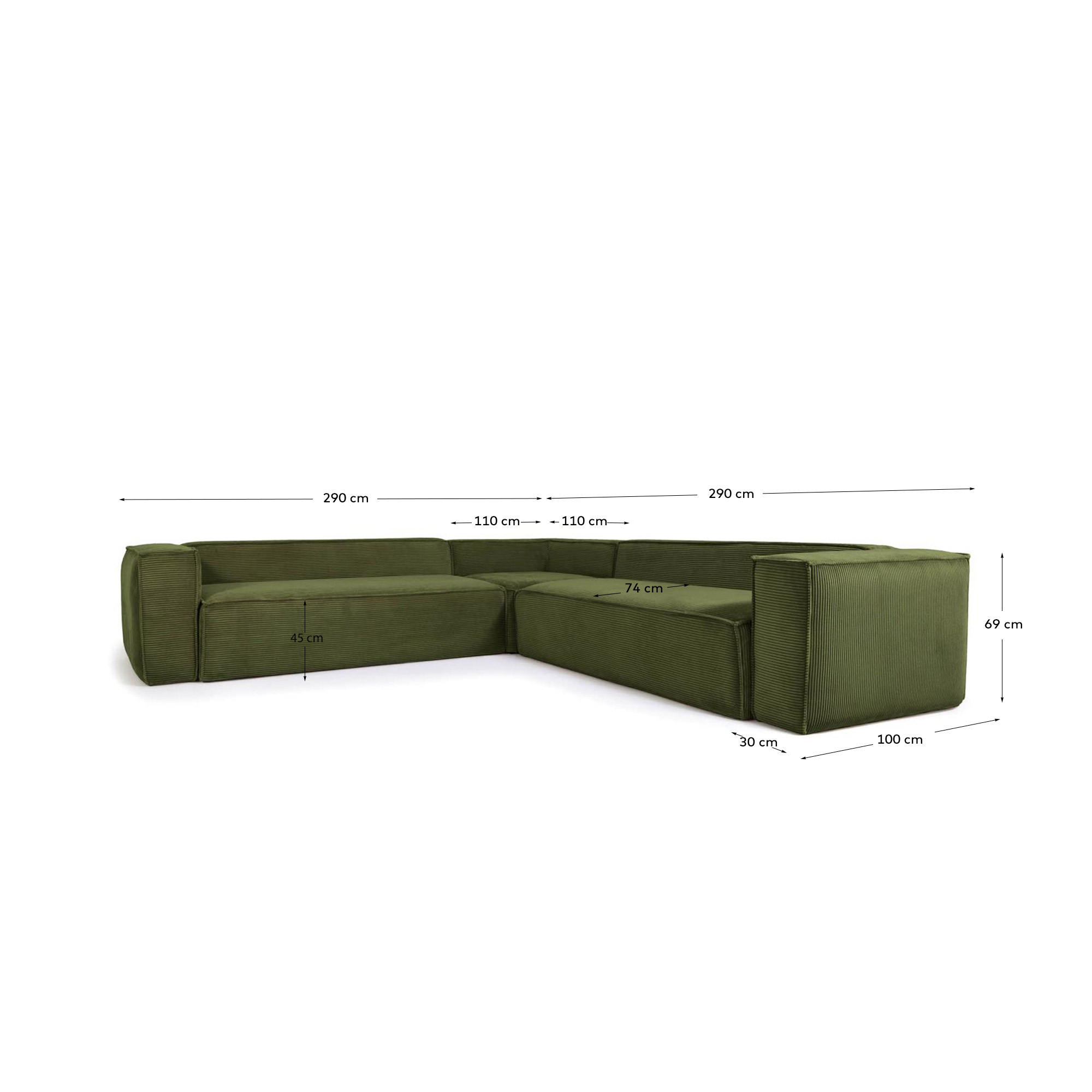 4-местный угловой диван Blok в зеленом толстом вельвете 290 x 290 см La Forma (ex Julia Grup)