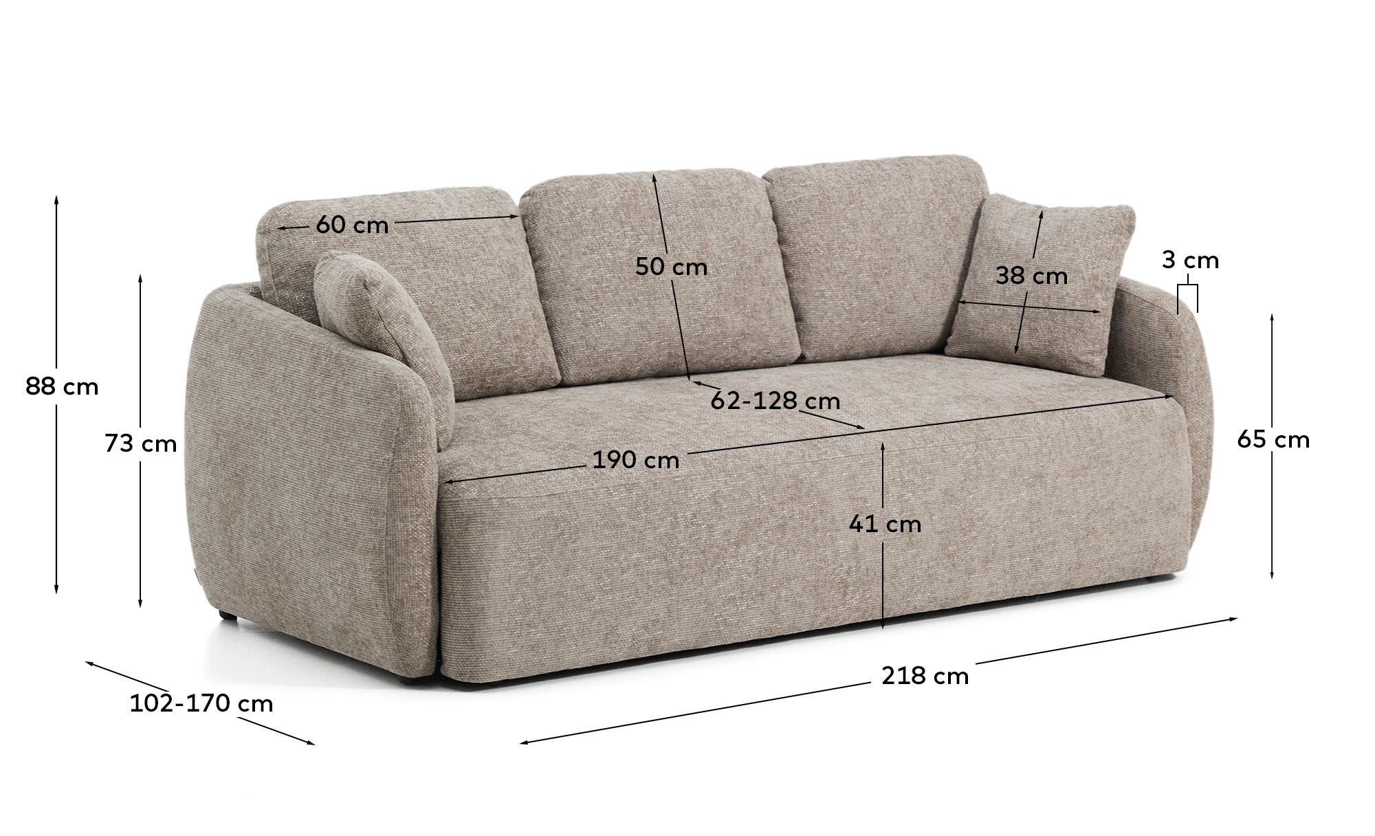 Трехместный диван-кровать Laira из бежевой синели, 218 см La Forma 453041