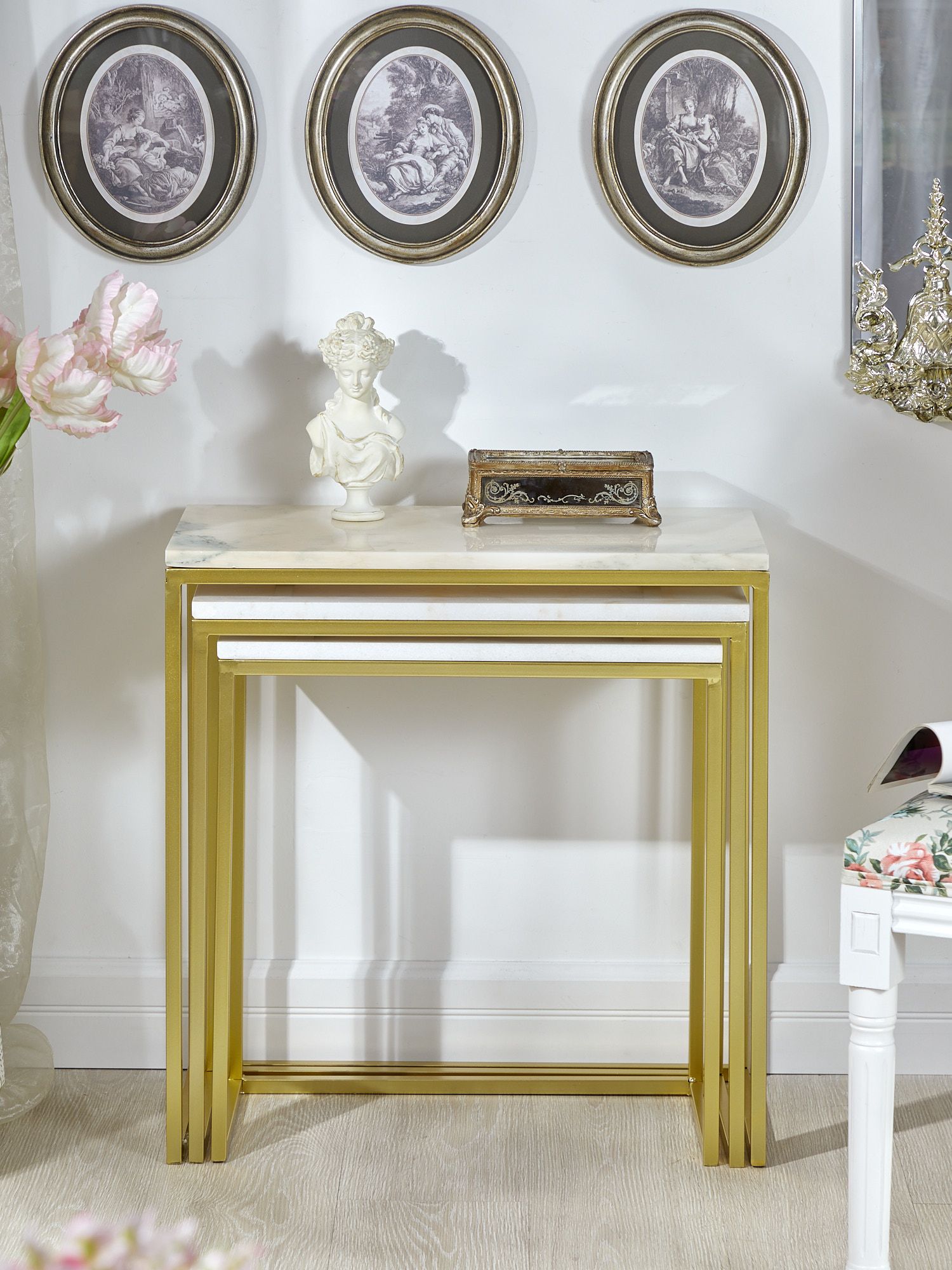 Столики приставные с белым мрамором, набор Glasar 54-024/023/022