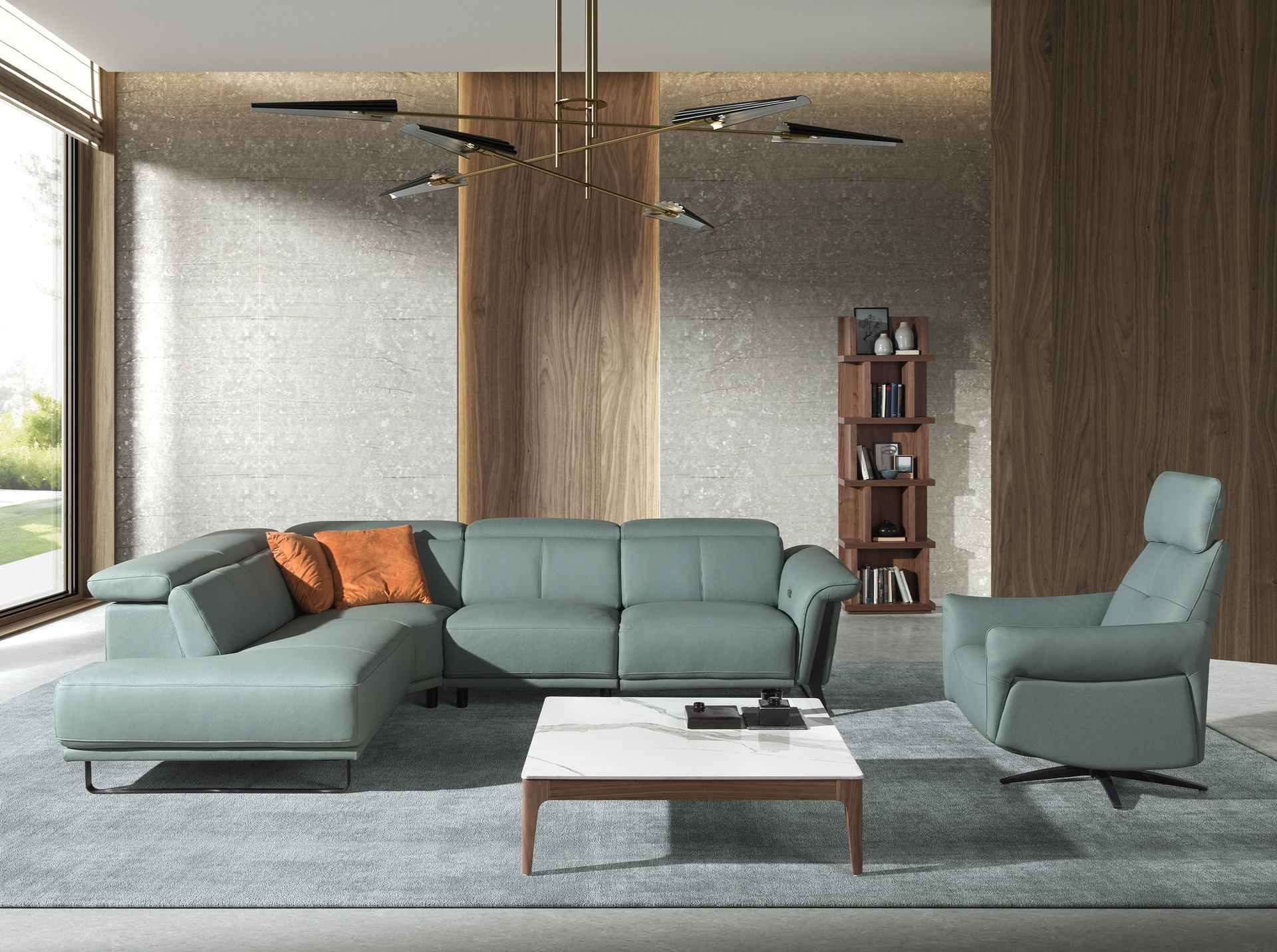 Угловой диван- реклайнер с левым шезлонгом 6251 из бирюзовой кожи Angel Cerda