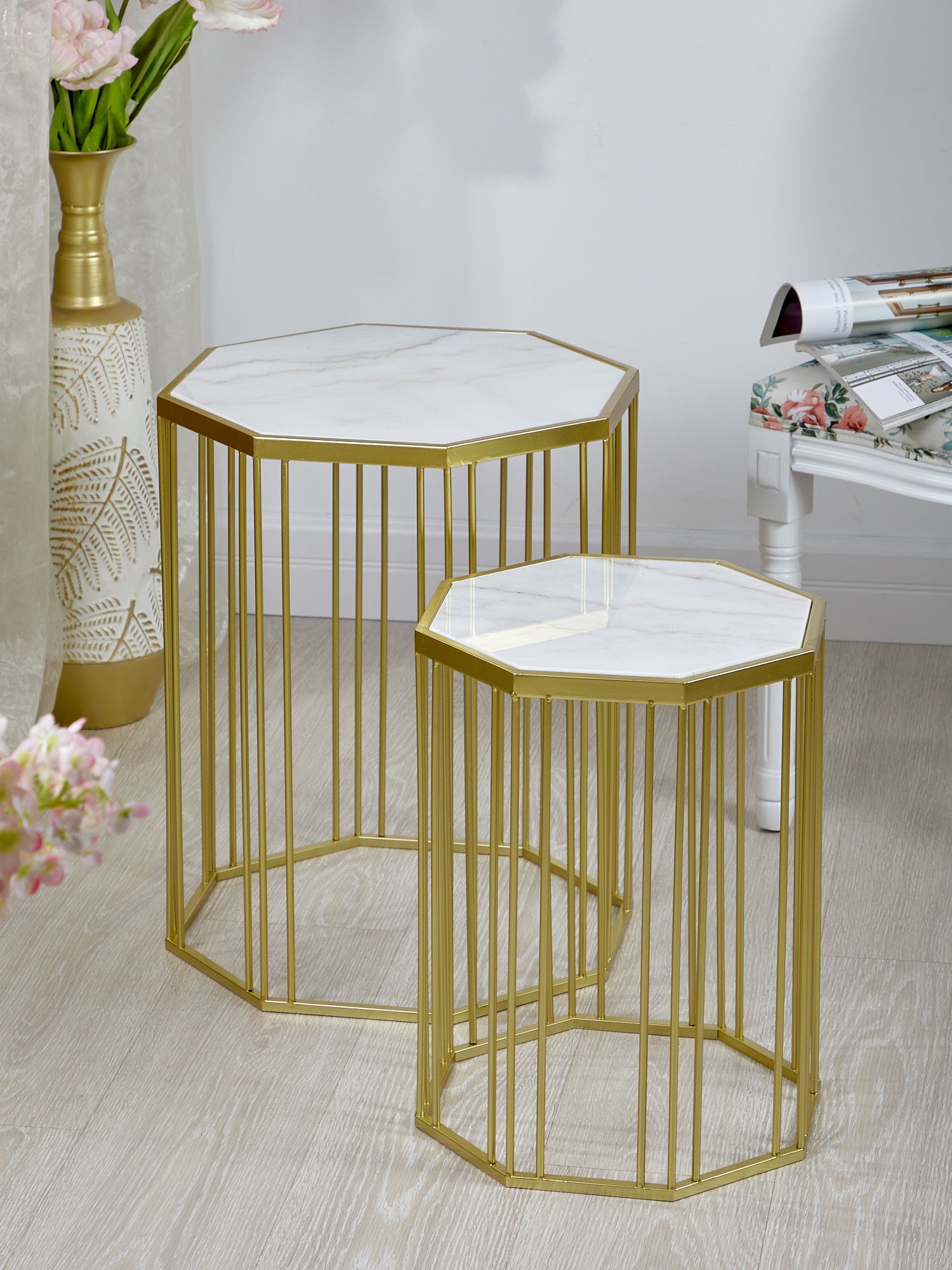 Столики интерьерные с белым мрамором, набор Glasar 54-100/099