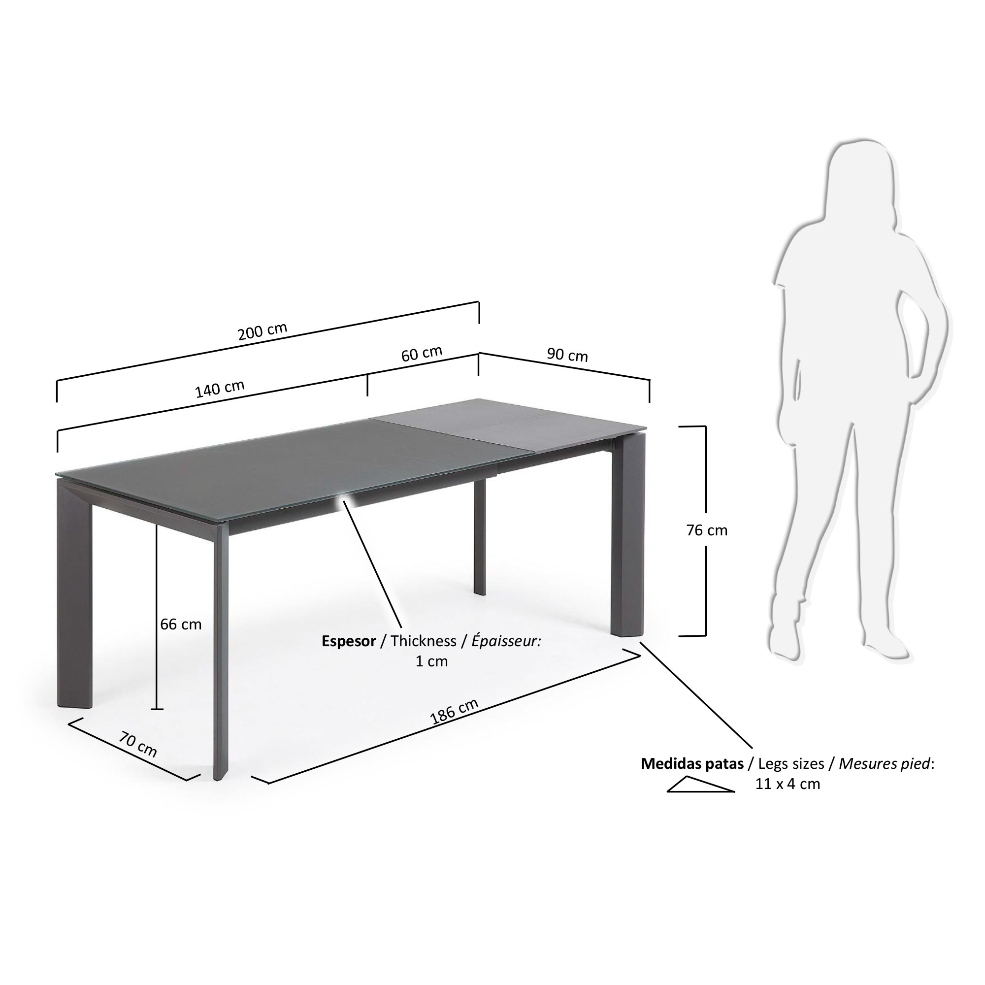 Стол Atta 140 (200) x90 темно-серый, стекло La Forma (ex Julia Grup)