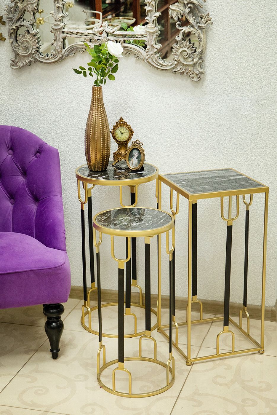 Столики интерьерные с черным мрамором, набор Glasar 54-139/138