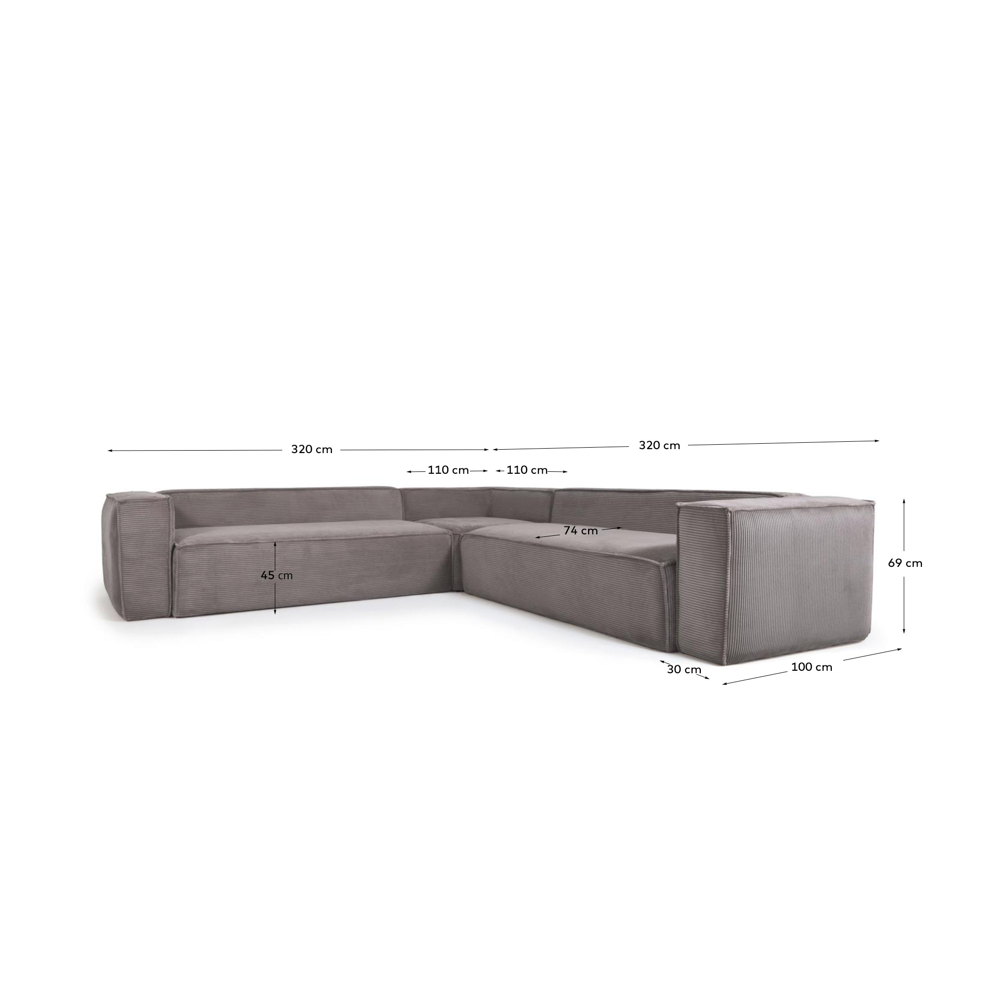 Угловой 6 местный диван Blok 320 x 320 cm серый вельвет La Forma 102396