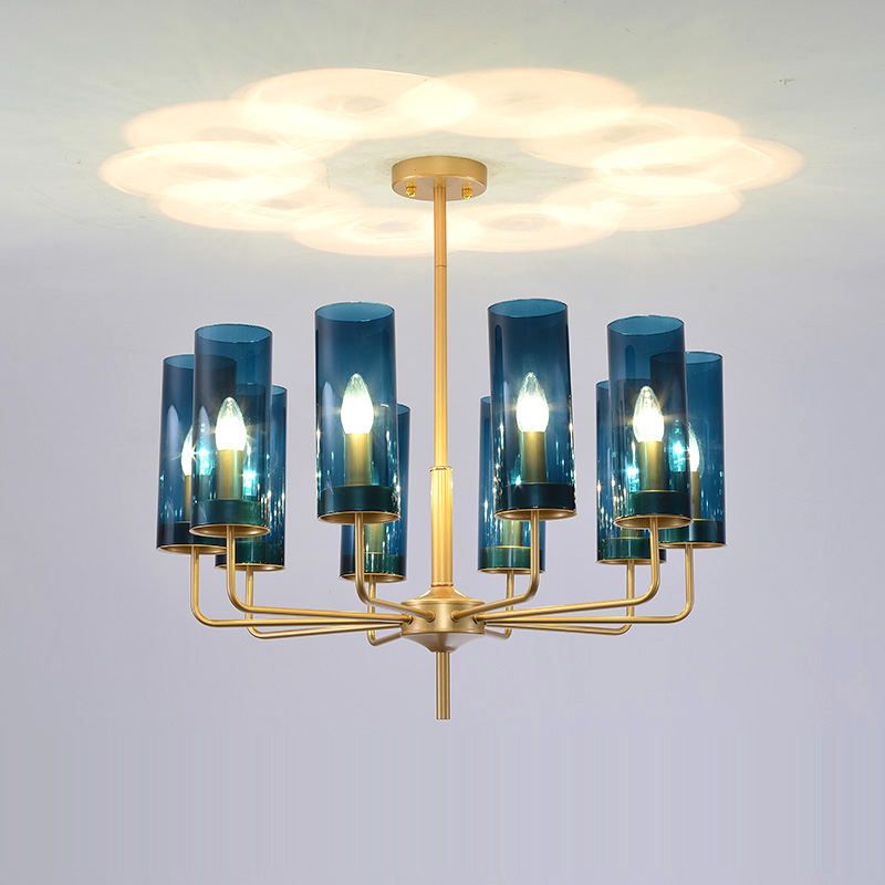 Люстра Agne Brass &amp; Blue Glass Tube Chandelier in 1970 12 Синий by ImperiumLoft