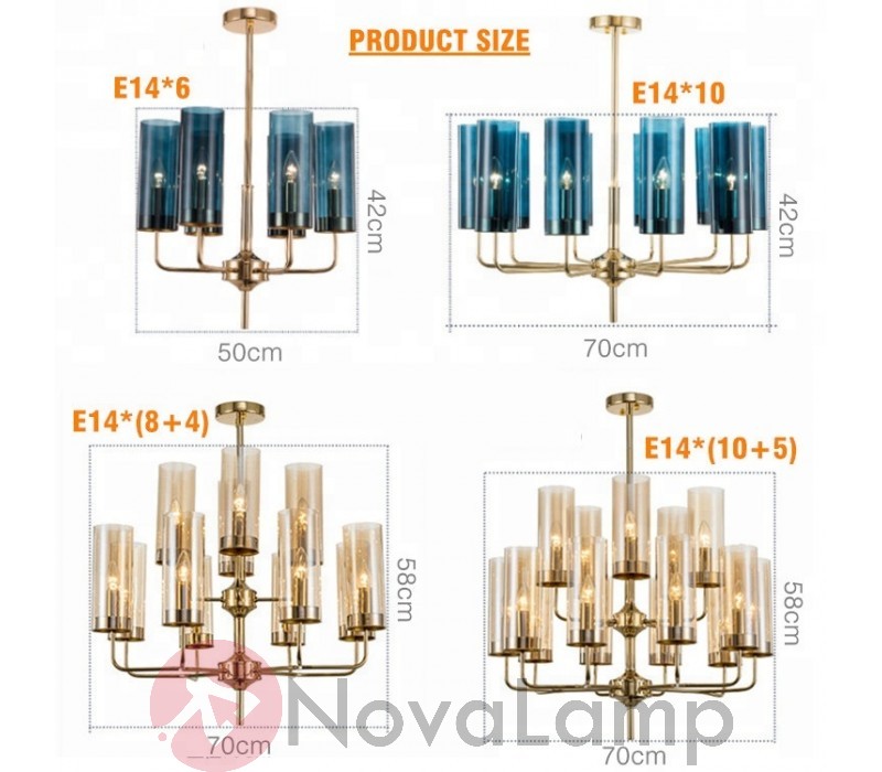Люстра Agne Brass &amp; Blue Glass Tube Chandelier in 1970 12 Синий by ImperiumLoft