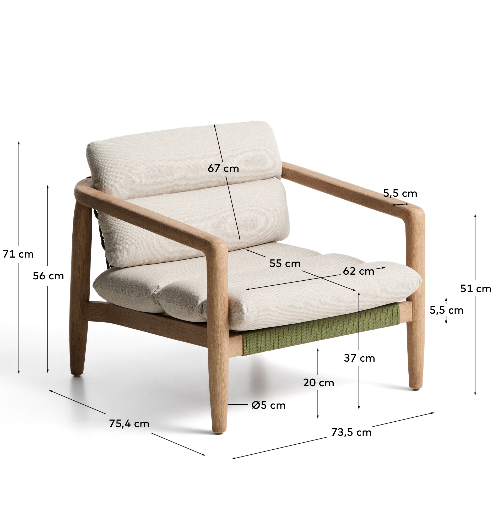 Уличное кресло Menfi из массива акации и зеленой веревки La Forma 482299