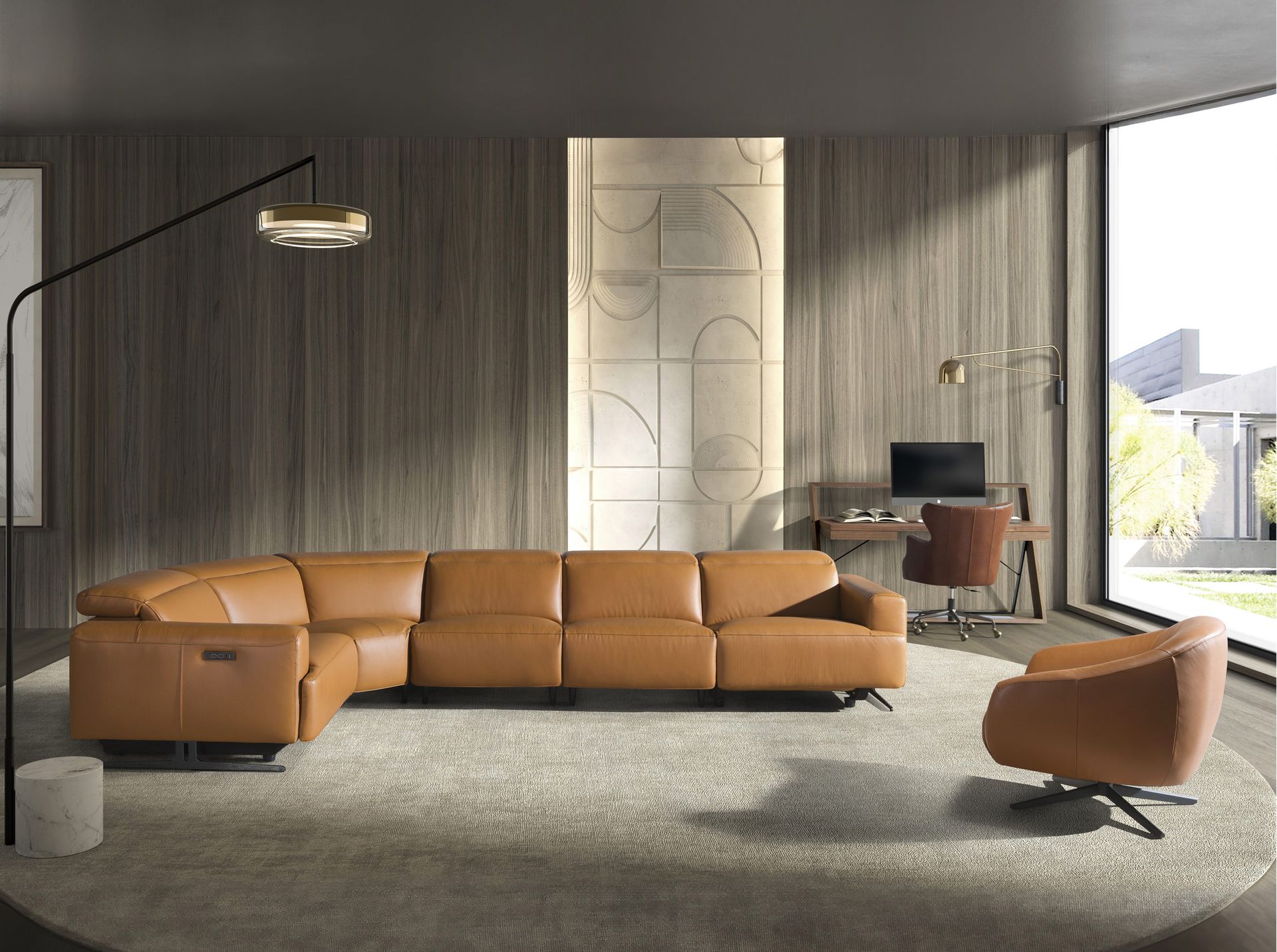 5-местный диван с реклайнером 6263 с левым шезлонгом из коричневой кожи Angel Cerda